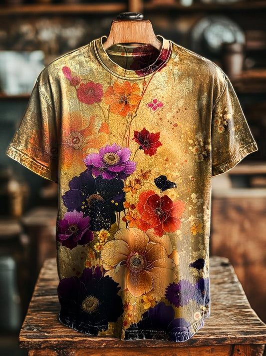 Unisex Vintage Floral Art Print Casual Loose Tee