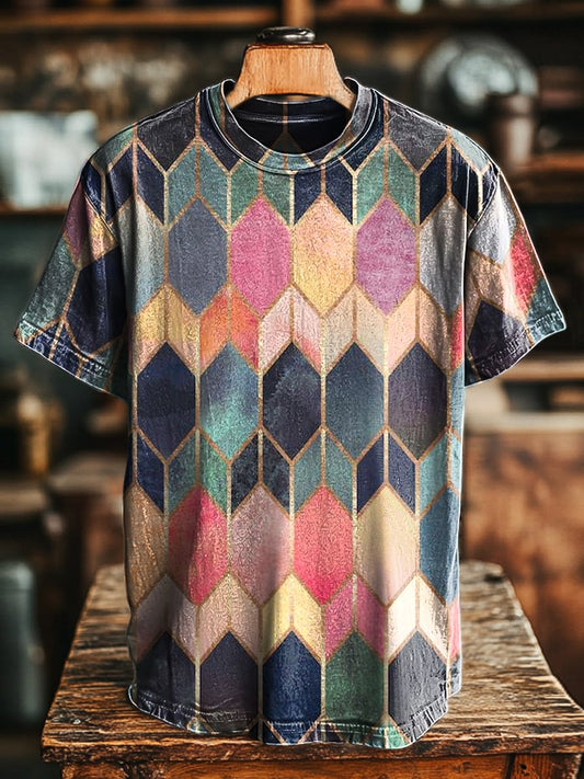 Unisex Retro Colorful Geometric Print Casual Loose Tee