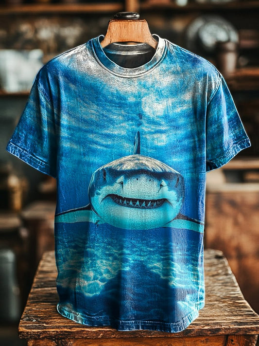 Unisex Vintage Underwater Shark Art Print Casual Loose Tee