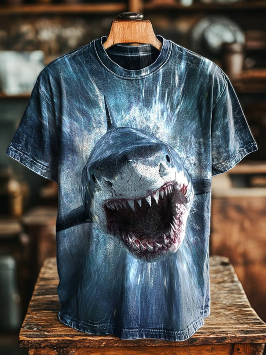 Unisex Vintage Shark Art Print Casual Loose Tee