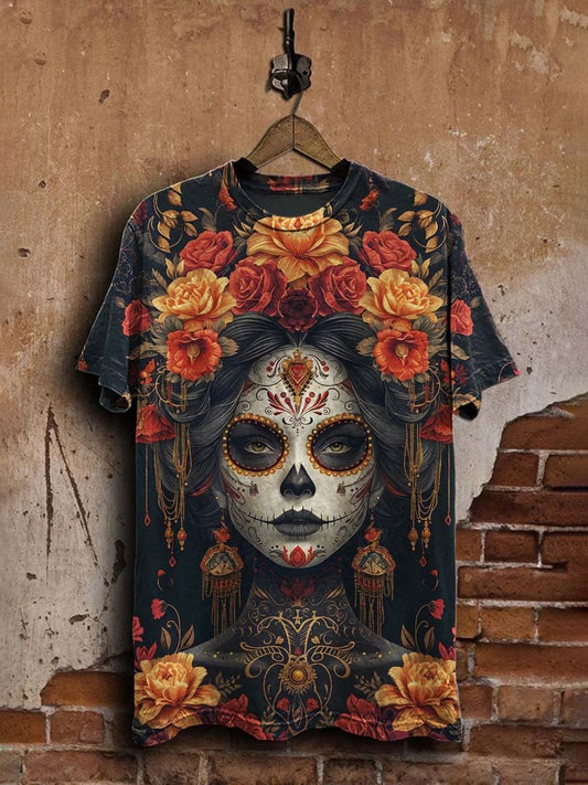 Unisex Vintage Day of the Dead Floral Skull Print Casual  Tee