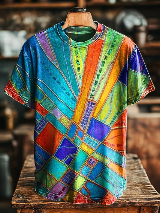 Unisex Vintage Rainbow Color Geometric Art Print Casual Loose Tee