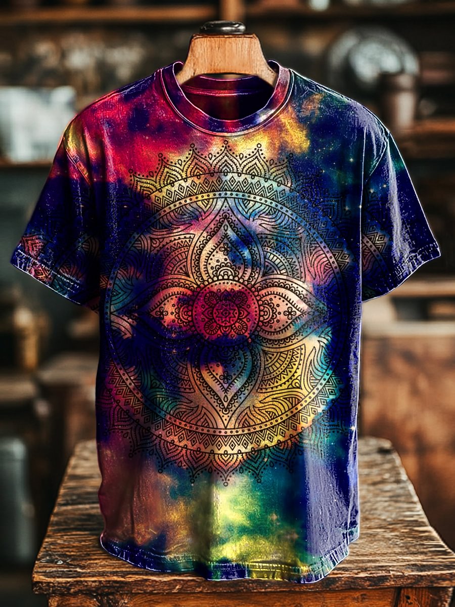 Unisex Vintage Tie-Dye Mandala Print Casual Loose Tee