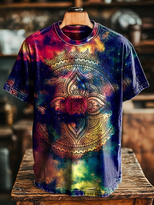 Unisex Vintage Tie-Dye Mandala Print Casual Loose Tee