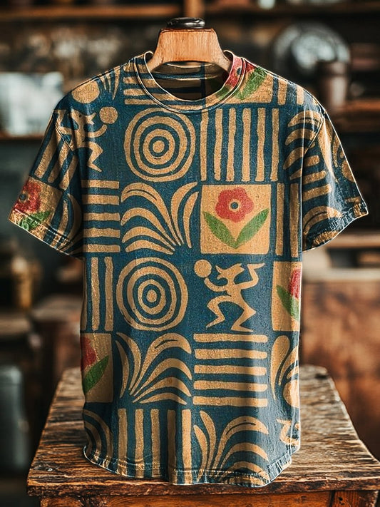 Unisex Vintage Line Floral Art Print Casual Loose Tee