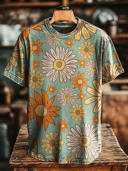 Unisex Vintage Floral Colorful Printed Casual Loose Tee