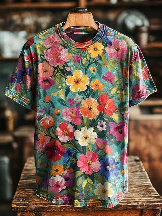 Unisex Vintage Colorful Floral Art Print Casual Loose Tee