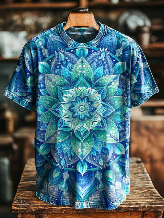 Unisex Vintage Blue Mandala Print Casual Loose Short Sleeve Tee