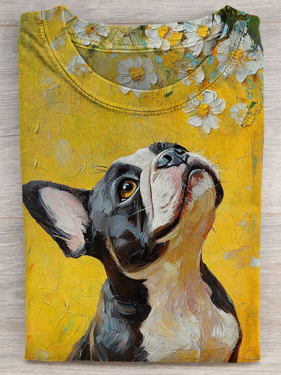 Bulldog And Flower Art Print Unisex Tee