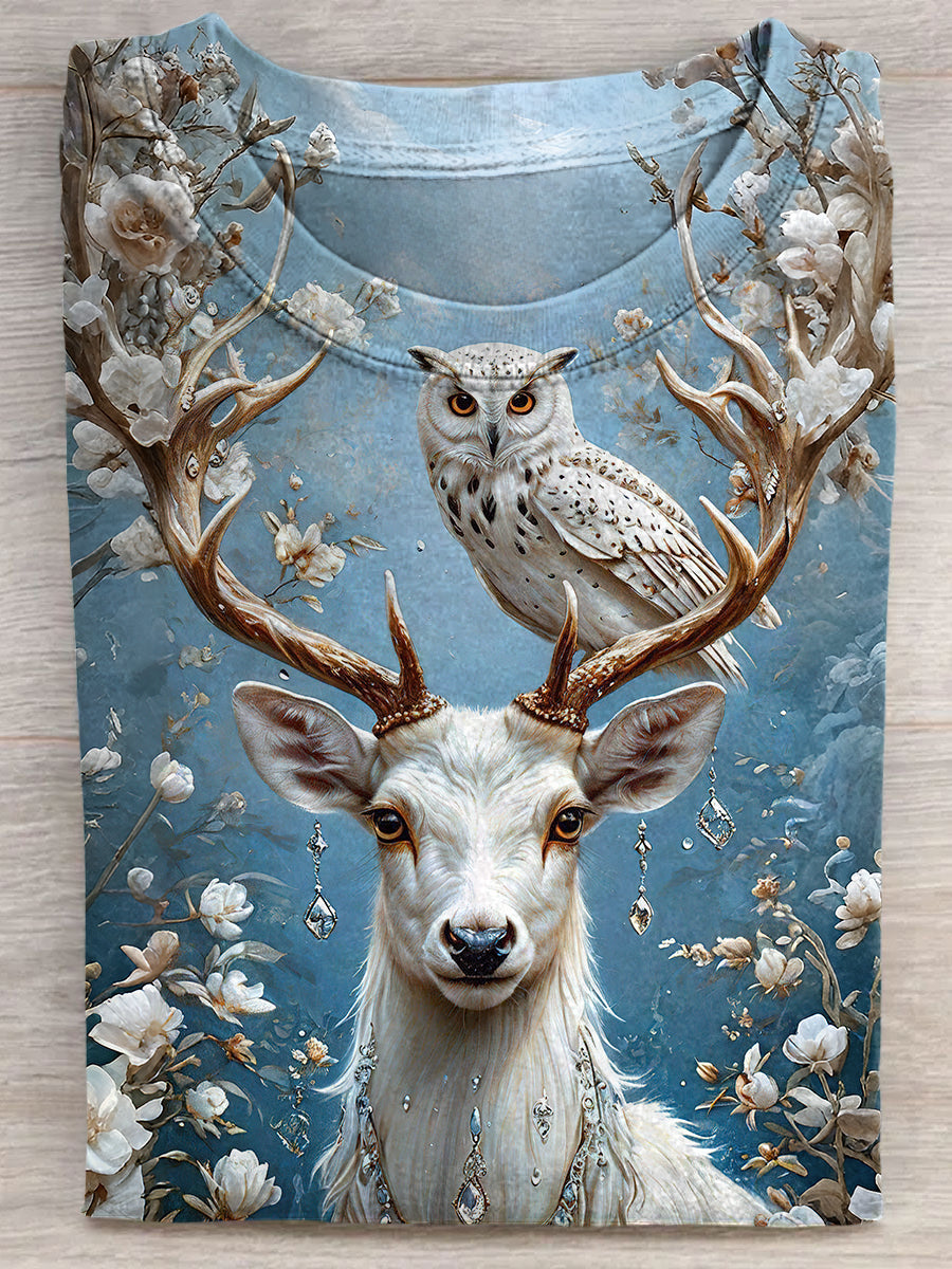 Deer and Owl Art Print Unisex Tee