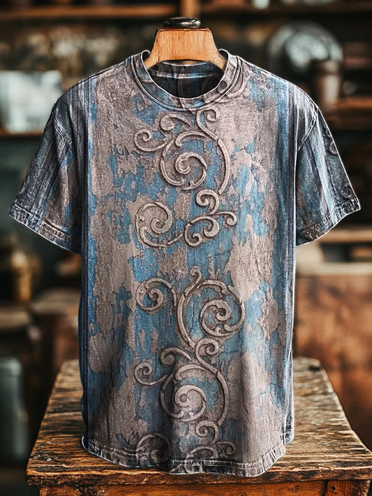 Unisex Vintage Blue Abstract Floral Casual Tee