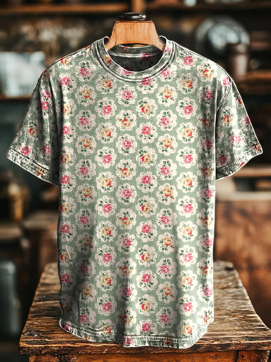 Unisex Retro Geometric Floral Print Casual Tee
