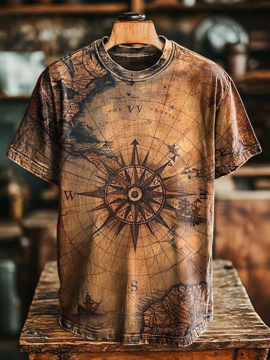 Unisex Retro Compass Print Casual  Tee