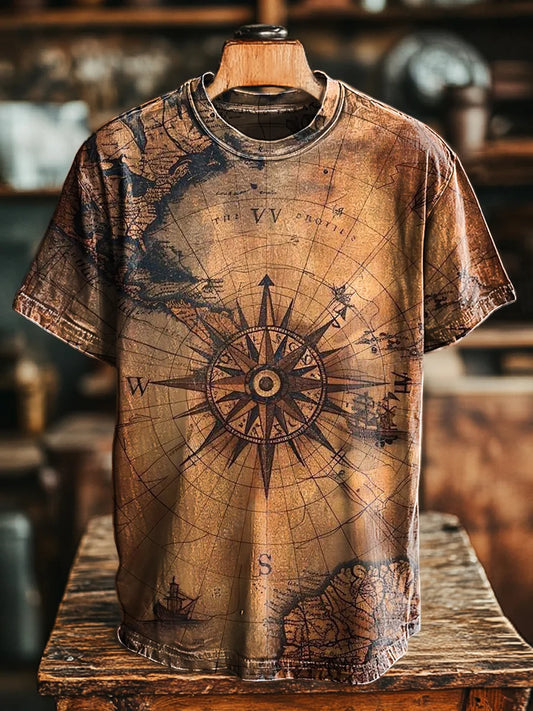Unisex Retro Compass Print Casual  Tee