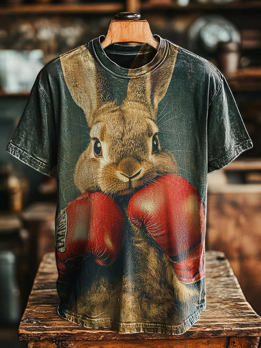 Unisex Retro Boxing Rabbit Print Casual Loose  Tee