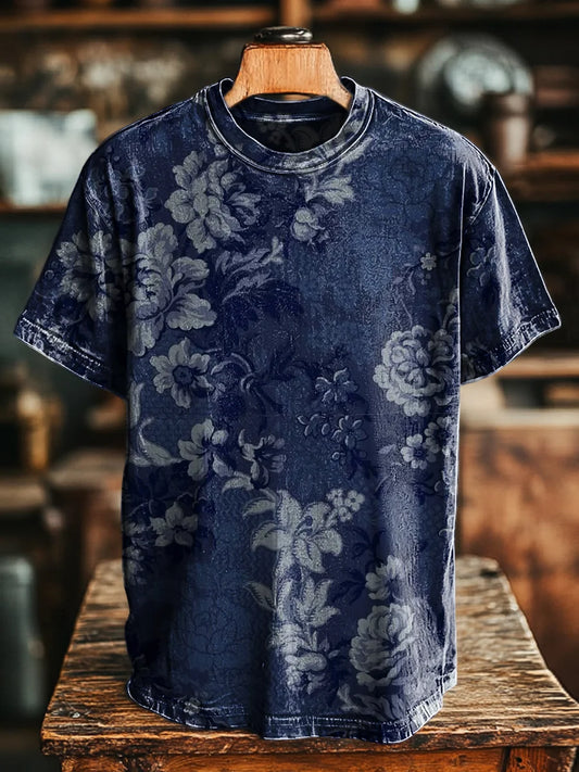 Unisex Retro Blue Floral Print Casual Loose  Tee