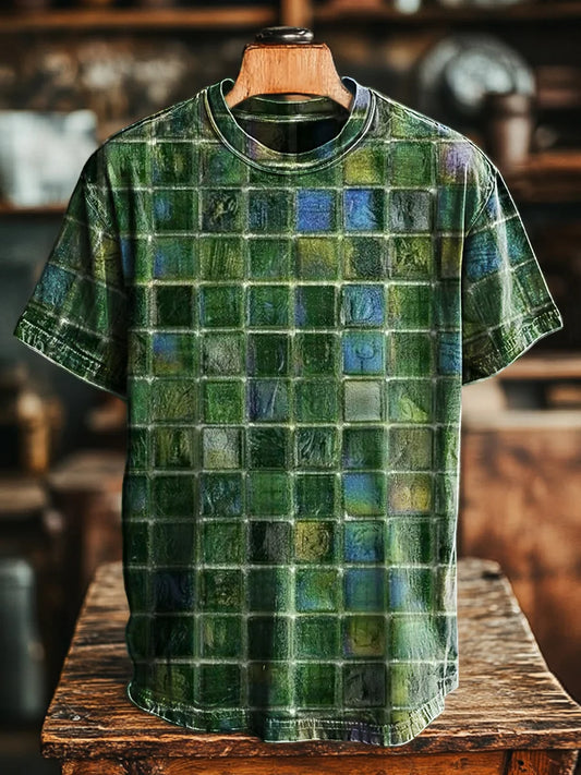 Unisex Retro Abstract Plaid Printed Casual Tee