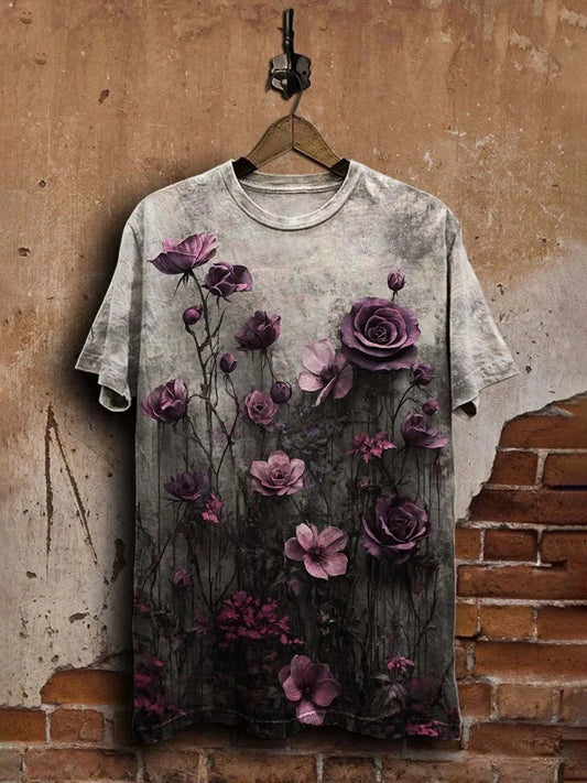 Unisex Vintage Purple Rose Print Casual  Tee