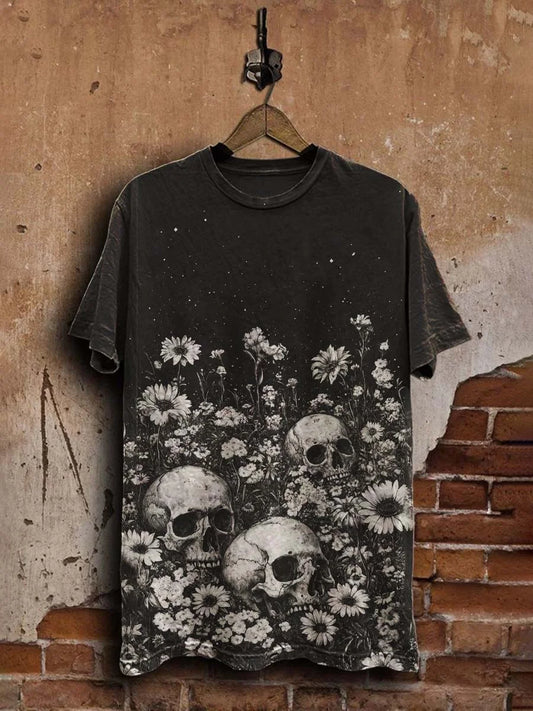 Unisex Vintage Skull Floral Print Casual  Tee