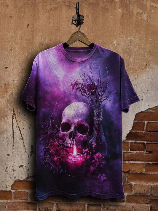 Unisex Vintage Floral Skull Print Casual  Tee