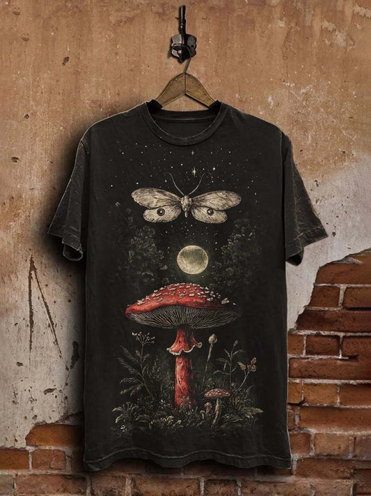 Unisex Midnight Vintage Butterfly Mushroom Print Casual  Tee