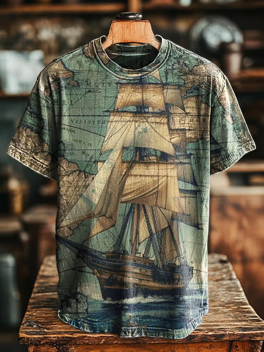 Unisex Vintage Sailing Map Print Casual Loose  Tee