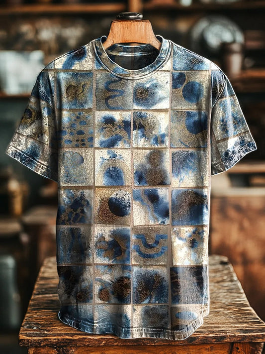 Unisex Retro Abstract Plaid Printed Casual Loose  Tee