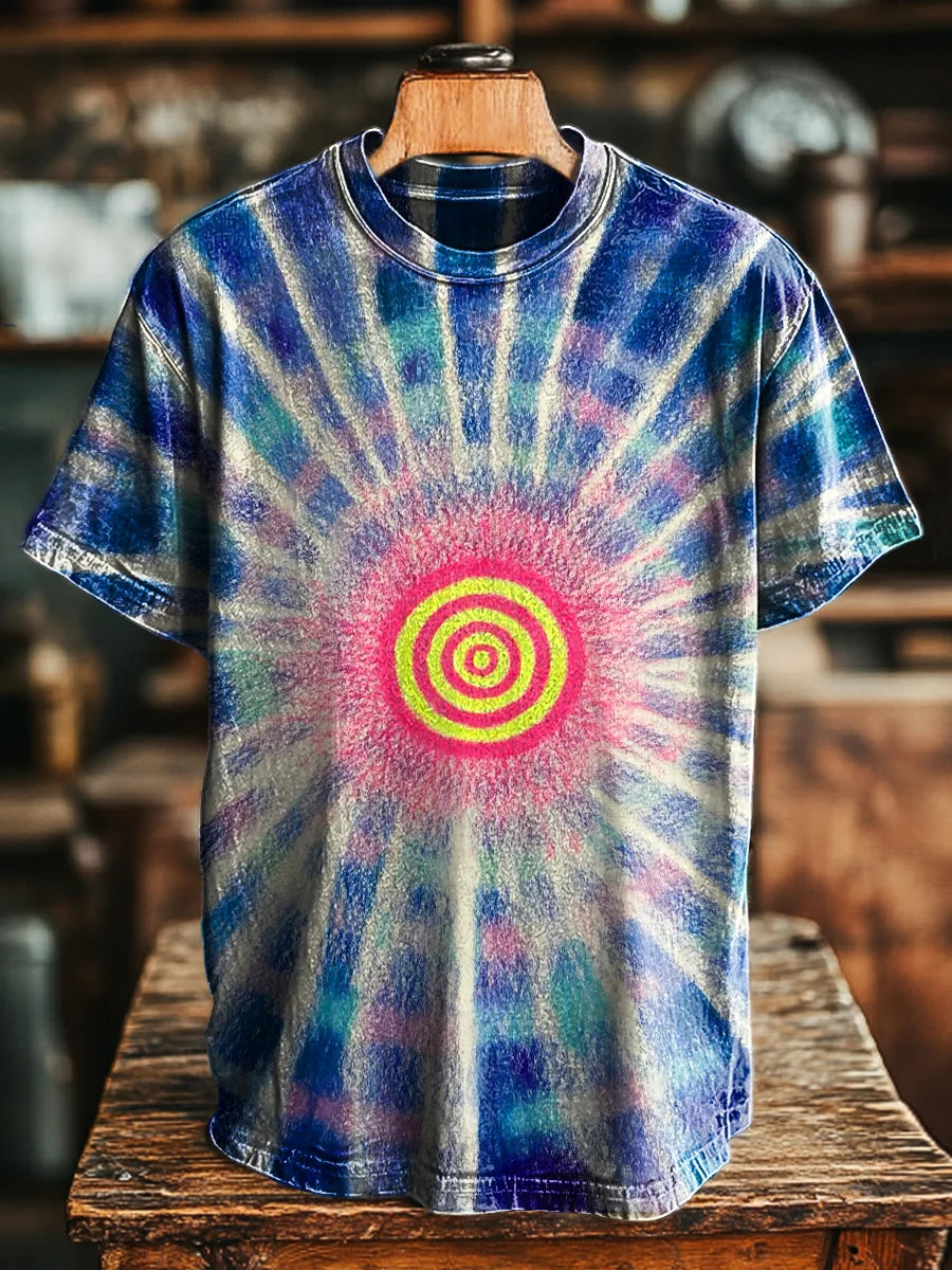 Unisex Vintage Abstract Line Tie-Dye Printed Casual Loose Tee