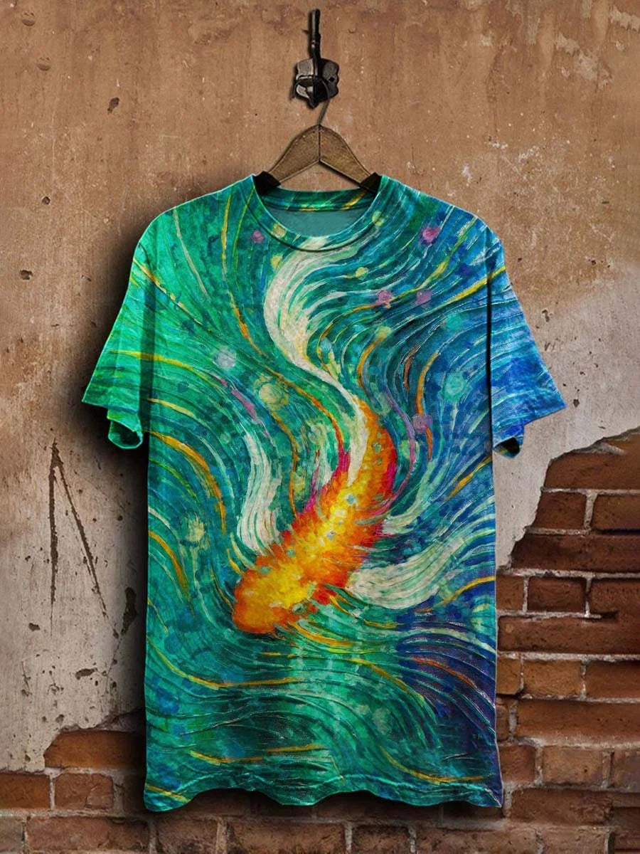 Unisex Oil Painting Goldfish Print Casual Tee