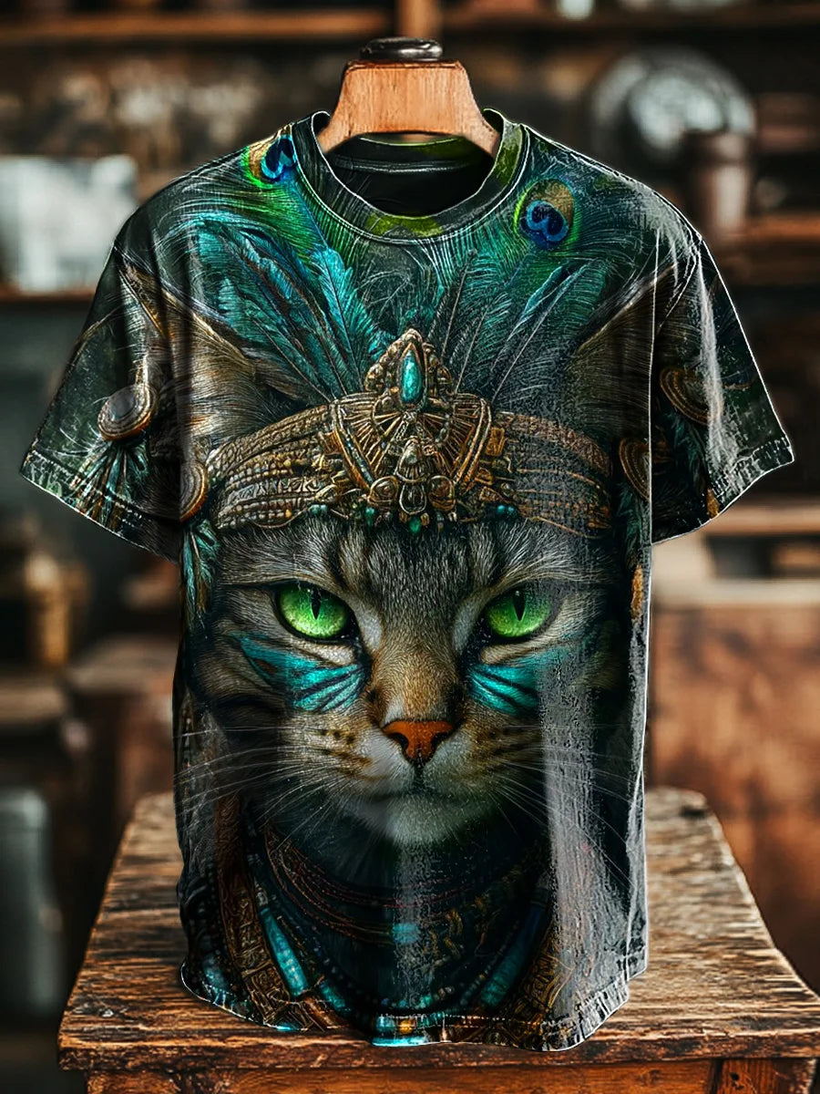 Unisex Vintage Aboriginal Cat Print Casual Loose  Tee