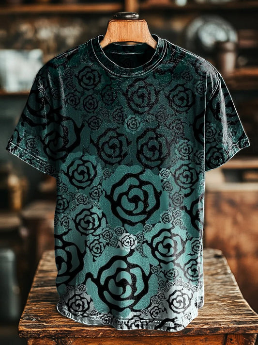 Unisex Retro Gradient Line Floral Print Casual Loose Tee