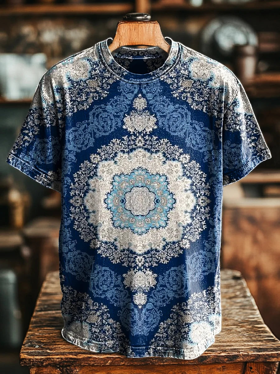 Unisex Retro Ethnic Floral Print Casual Loose  Tee