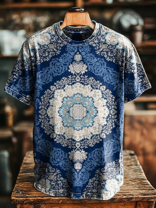 Unisex Retro Ethnic Floral Print Casual Loose  Tee