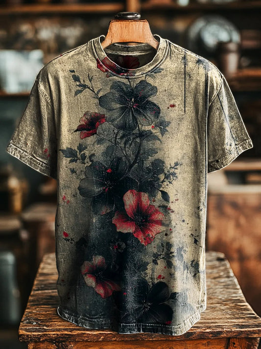 Unisex Retro Dark Floral Print Casual Loose  Tee