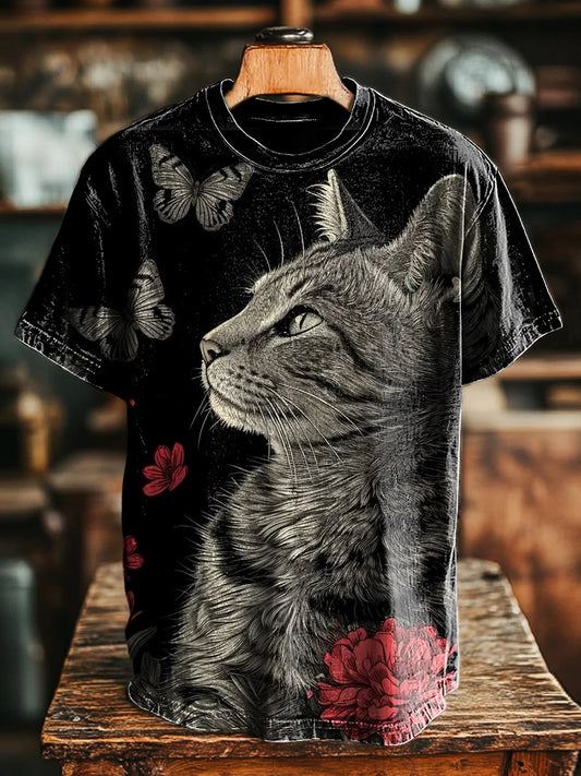 Unisex Retro Cat Butterfly Print Casual Loose  Tee