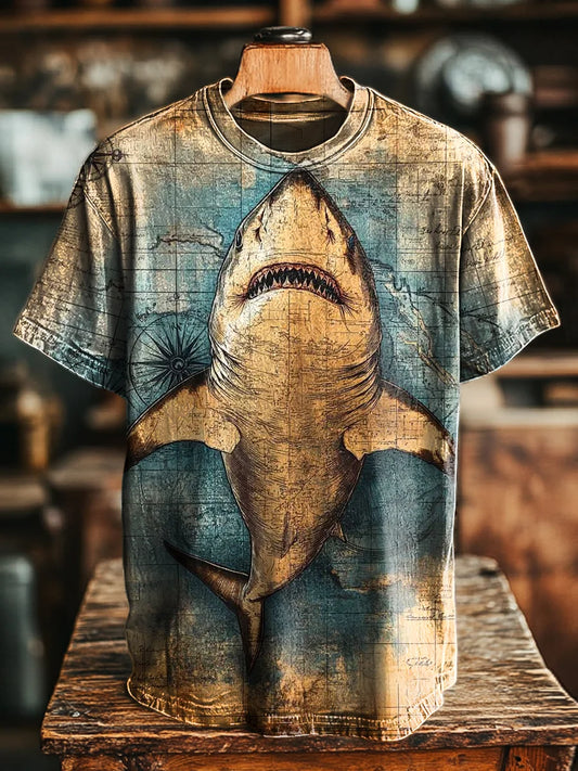 Unisex Vintage Nautical Shark Newspaper Print Casual Loose Tee