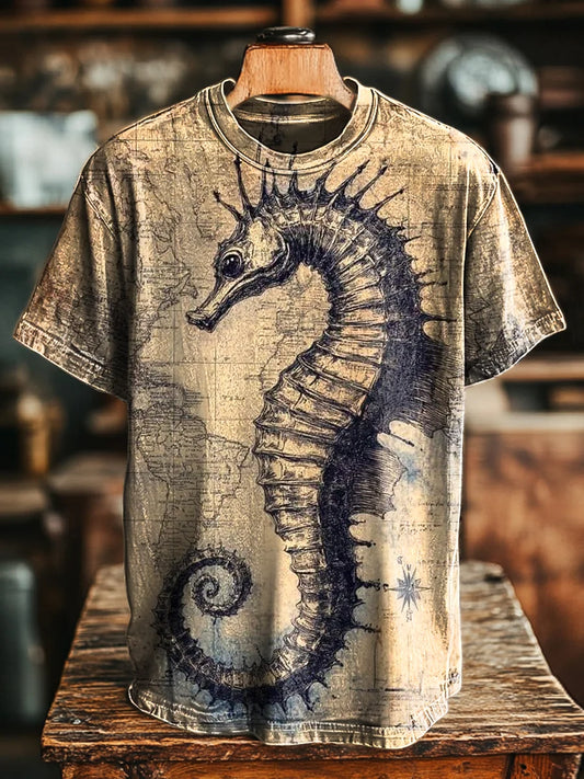 Unisex Vintage Nautical Map Seahorse Print Casual Loose Tee