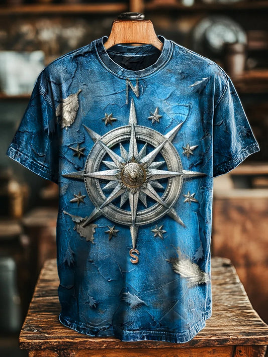 Unisex Vintage Nautical Compass Print Casual Loose Tee