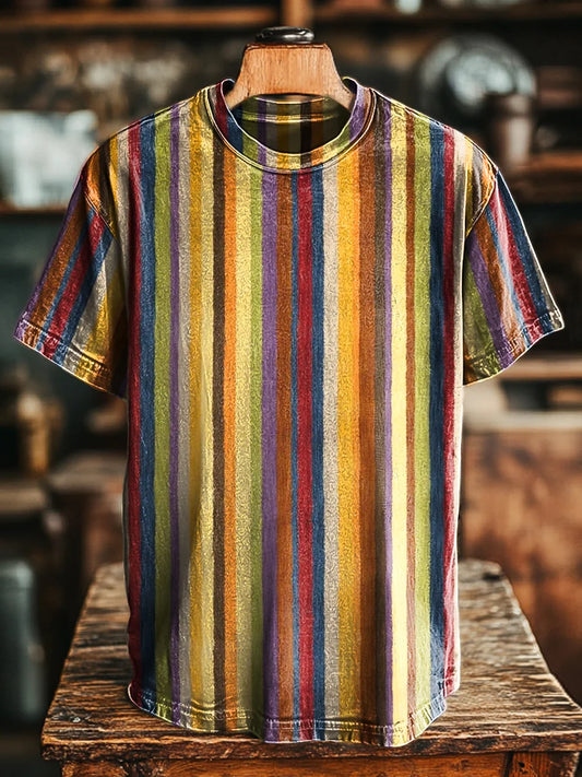 Unisex Vintage Colorful Stripe Art Print Casual Loose Tee