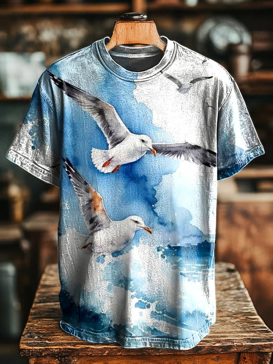 Unisex Vintage Abstract Seagull Print Casual LooseTee