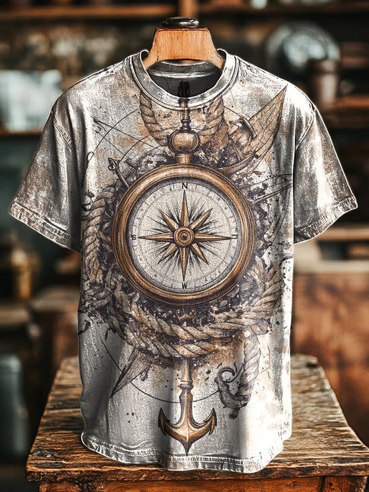 Unisex Vintage Abstract Nautical Compass Print Casual Loose Tee