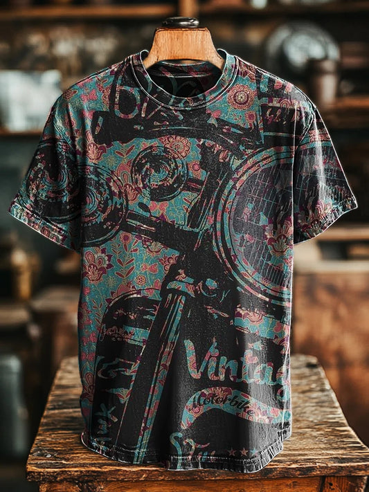Unisex Vintage Abstract Floral Biker Print Casual Loose Tee
