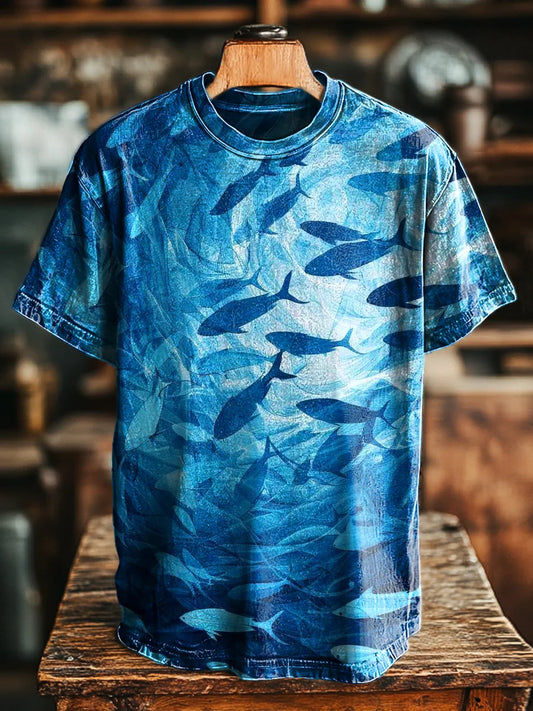 Unisex Vintage Abstract Fish Art Print Casual Loose Tee