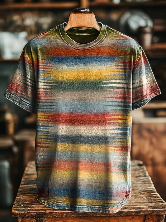 Unisex Vintage Abstract Colorful Stripe Print Casual Loose Tee