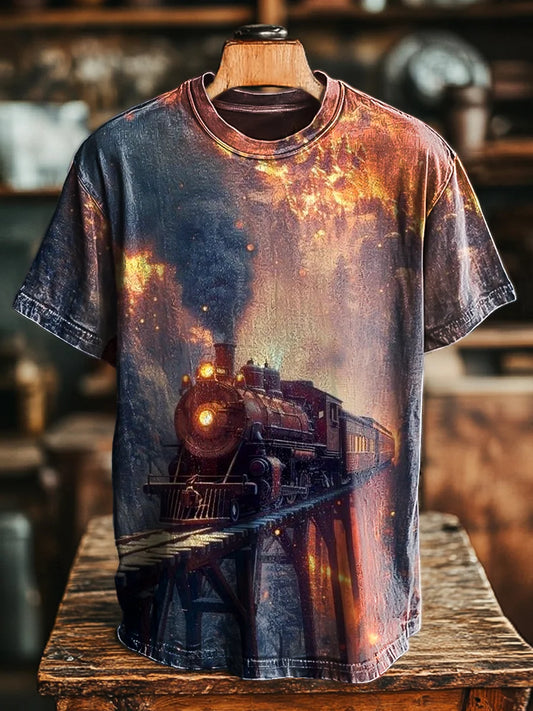 Unisex Vintage Steam Train Print Casual Loose Tee