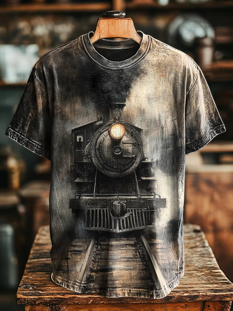 Unisex Vintage Old Steam Train Print Casual Loose Tee