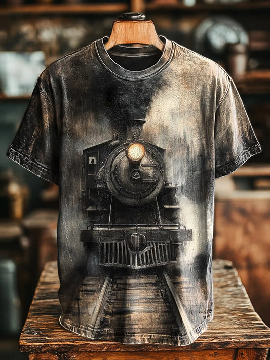 Unisex Vintage Old Steam Train Print Casual Loose Tee