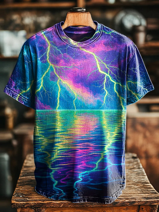 Unisex Vintage Neon Lightning Print Casual Loose Tee