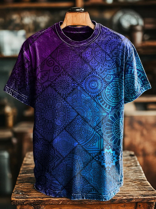Unisex Vintage Gradient Geometric Totem Print Casual Loose Tee