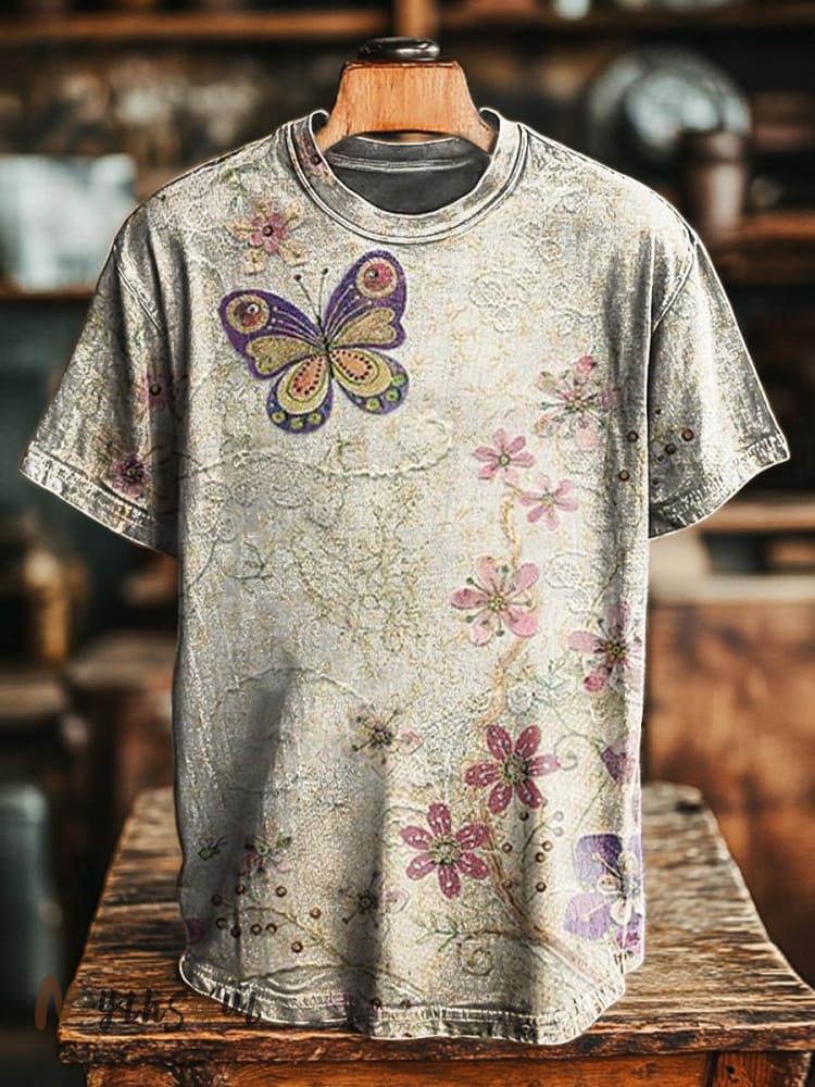 Unisex Vintage Floral Butterfly Art Print Casual Tee